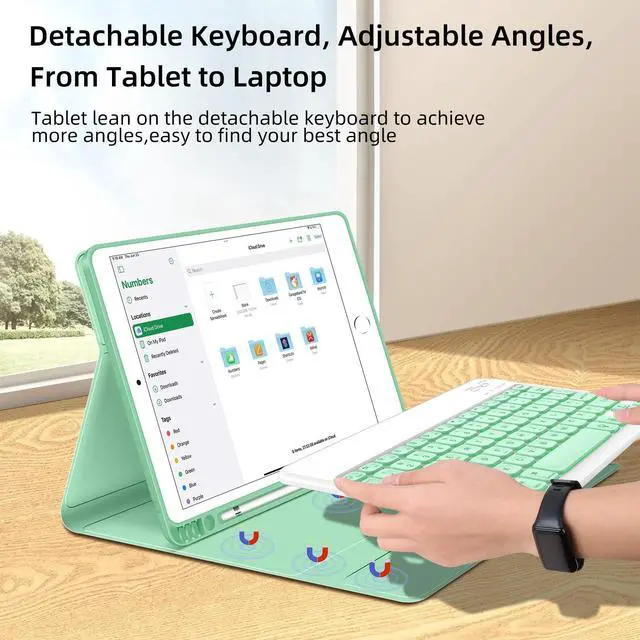 Alt view image 2 of 5 - JUQITECH iPad 9th Generation Case with Keyboard 10.2, Backlit Wireless Bluetooth Magnetic Keyboard Case for iPad 9th 8th 7th Gen 2021 2020 2019 Stand Tablet Smart Cover, Pencil Holder, Light Green
