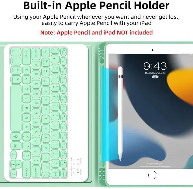 Alt view image 5 of 5 - JUQITECH iPad 9th Generation Case with Keyboard 10.2, Backlit Wireless Bluetooth Magnetic Keyboard Case for iPad 9th 8th 7th Gen 2021 2020 2019 Stand Tablet Smart Cover, Pencil Holder, Light Green