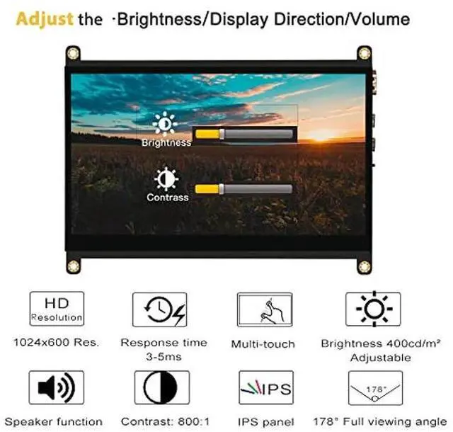 Alt view image 2 of 5 - LESOWN New! Touch Screen 7 inch Display IPS 1024x600 HDMI Display, USB Powered Capacitive Touchscreen with Dual Speakers for Raspberry Pi 4 3 Windows AIDA64 Temperature CPU Monitoring