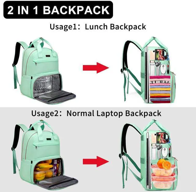 Alt view image 5 of 5 - Liokesa Lunch Backpack for Women, Water Resistant Insulated Cooler Lunch Bag, 15.6 inch Laptop Backpacks with USB Port, Picnic Backpack with Lunch Box, for College Work Camping Beaches, Teal