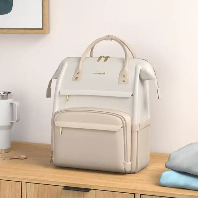 Alt view image 2 of 5 - LOVEVOOK Leather Backpack for Women, 17 inch Laptop Backpack, Professional Work & Travel Bag, Beige-Flesh Beige