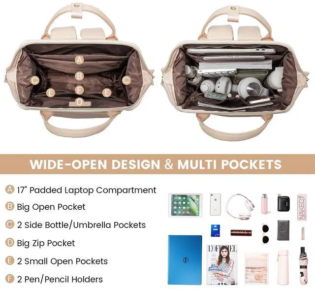 Alt view image 3 of 5 - LOVEVOOK Leather Backpack for Women, 17 inch Laptop Backpack, Professional Work & Travel Bag, Beige-Flesh Beige