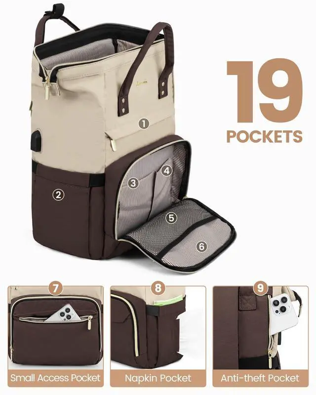 Alt view image 3 of 5 - LOVEVOOK Laptop Backpack for Women Fashion Business Computer Backpacks Travel Bags Purse Doctor Nurse Work Backpack with USB Port, Fits 15.6-Inch Laptop Light Apricot-Coffee