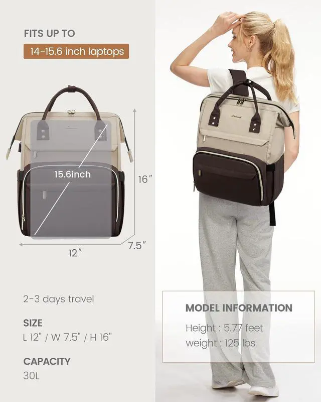 Alt view image 5 of 5 - LOVEVOOK Laptop Backpack for Women Fashion Business Computer Backpacks Travel Bags Purse Doctor Nurse Work Backpack with USB Port, Fits 15.6-Inch Laptop Light Apricot-Coffee