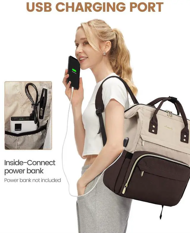 Alt view image 4 of 5 - LOVEVOOK Laptop Backpack for Women Fashion Business Computer Backpacks Travel Bags Purse Doctor Nurse Work Backpack with USB Port, Fits 15.6-Inch Laptop Light Apricot-Coffee