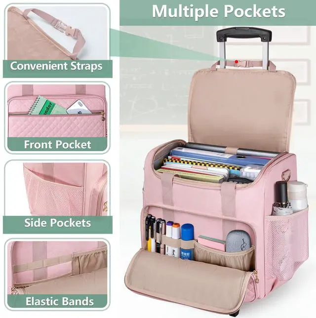Alt view image 2 of 5 - LUXJA Rolling Teacher Bag with Laptop Compartment and Detachable Dolly, Multifunctional Rolling Teacher Tote Bag (Patent Pending), Pink