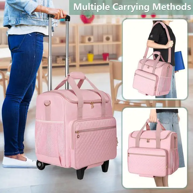 Alt view image 5 of 5 - LUXJA Rolling Teacher Bag with Laptop Compartment and Detachable Dolly, Multifunctional Rolling Teacher Tote Bag (Patent Pending), Pink