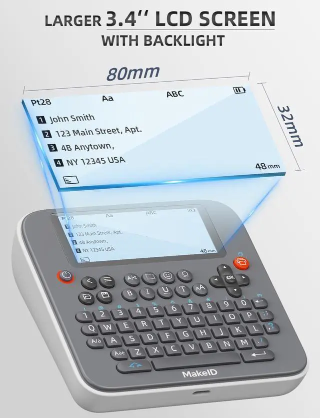 Alt view image 2 of 5 - Makeid E1 Portable Label Maker - Bluetooth Compatible Thermal Printer - QWERTY Keyboard, 4.42" LCD Screen - Prints 9mm, 12mm, 16mm Clear Waterproof Sticker Labels - Includes USB Cable