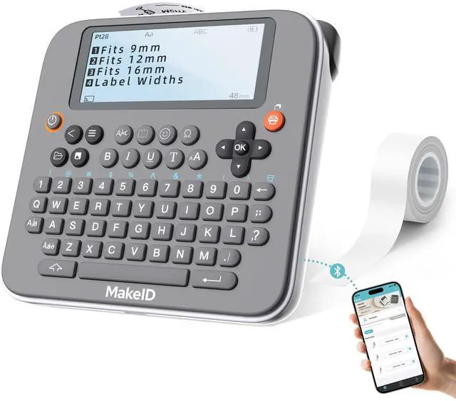 Main image of Makeid E1 Portable Label Maker - Bluetooth Compatible Thermal Printer - QWERTY Keyboard, 4.42" LCD Screen - Prints 9mm, 12mm, 16mm Clear Waterproof Sticker Labels - Includes USB Cable