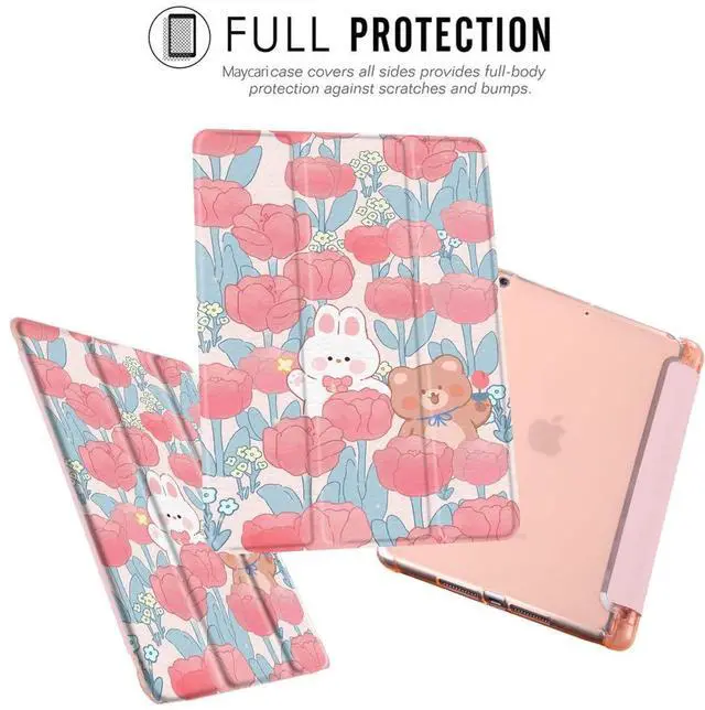 Alt view image 2 of 5 - MAYCARI Rabbit Bear Flower Case foriPad Pro 12.9 Inch 2022/2021/2020 with Pencil Holder, Cute iPad Pro 6th/5th/4th Generation Protective Case with Soft TPU Back, Auto Sleep/Wake Cover Slim Shell