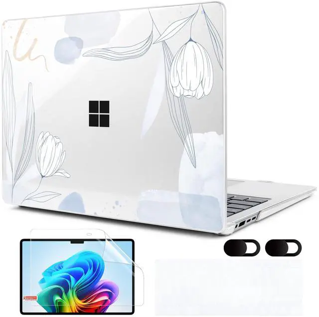 Main image of MEEgoodo Case for Microsoft Surface Laptop 13.8 inch Touchscreen 2024 (7th Edition),Clear Cover Fit Model 2036,Laptop Hard Shell with Keyboard & Webcam Cover & Screen Protector,Blue Line Floral