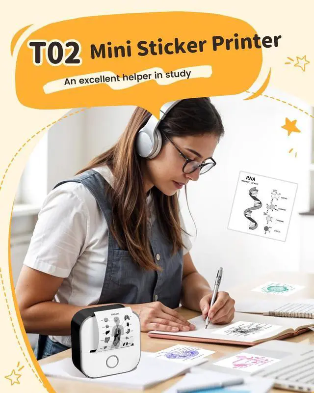 Alt view image 3 of 5 - Memoqueen Mini Sticker Printer, T02 Sticker Maker Machine, Blutooth Portable Thermal Printer, Wireless Inkless Printing, for Memo, Study Notes, Work Plans, Compatible with iOS & Android, Black