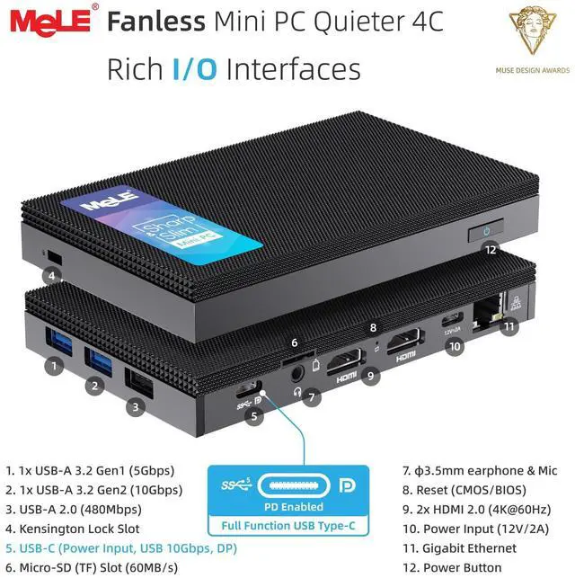Alt view image 5 of 5 - MeLE Mini PC Quieter 4C with Windows 11 Pro, Fanless N150 16GB RAM 512GB M.2 SSD Mini Computers, Full-Functional USB-C, 2.4G/5G WiFi, 4K Triple Display on Home, Office, Education, Astrophotography