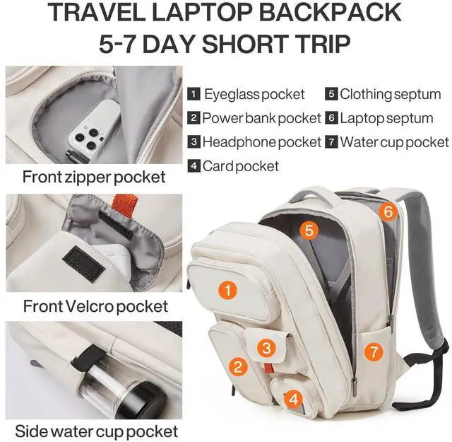 Alt view image 3 of 5 - mixi Large Capacity Expandable Travel Backpack for Women & Men 15.6'' Laptop Carry On Weekender Bag Outdoor Hiking with Multifunction Pockets 180° Open Water Resistant 18 Inch 28L, Moonlight White
