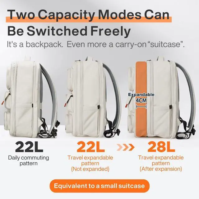 Alt view image 4 of 5 - mixi Large Capacity Expandable Travel Backpack for Women & Men 15.6'' Laptop Carry On Weekender Bag Outdoor Hiking with Multifunction Pockets 180° Open Water Resistant 18 Inch 28L, Moonlight White