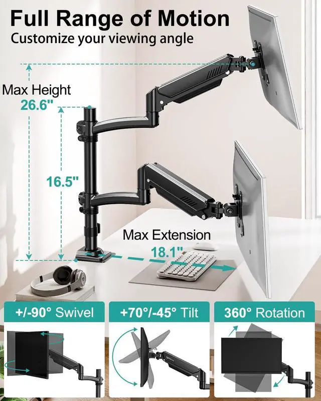 Alt view image 2 of 5 - Dual Monitor Stand for Desk, Taller Monitor Arms for 2 Screens up to 32 inch, Ergonomic Adjustable Gas Spring Double Computer Monitor Mount, Holds 4.4-22lbs, VESA 75/100mm, Black, Freelift