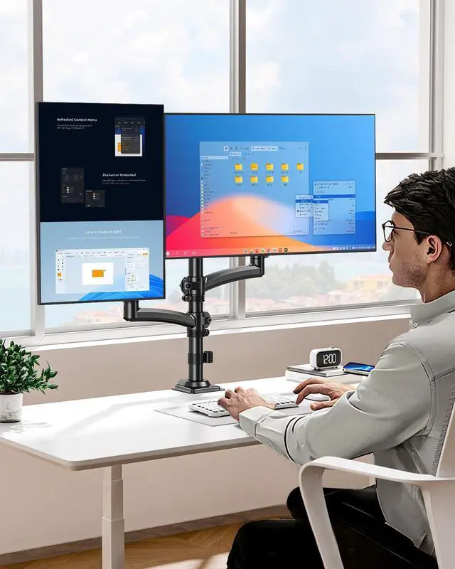 Alt view image 3 of 5 - Dual Monitor Stand for Desk, Taller Monitor Arms for 2 Screens up to 32 inch, Ergonomic Adjustable Gas Spring Double Computer Monitor Mount, Holds 4.4-22lbs, VESA 75/100mm, Black, Freelift