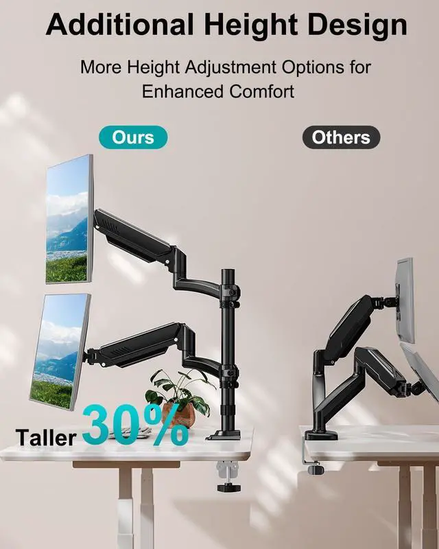 Alt view image 4 of 5 - Dual Monitor Stand for Desk, Taller Monitor Arms for 2 Screens up to 32 inch, Ergonomic Adjustable Gas Spring Double Computer Monitor Mount, Holds 4.4-22lbs, VESA 75/100mm, Black, Freelift