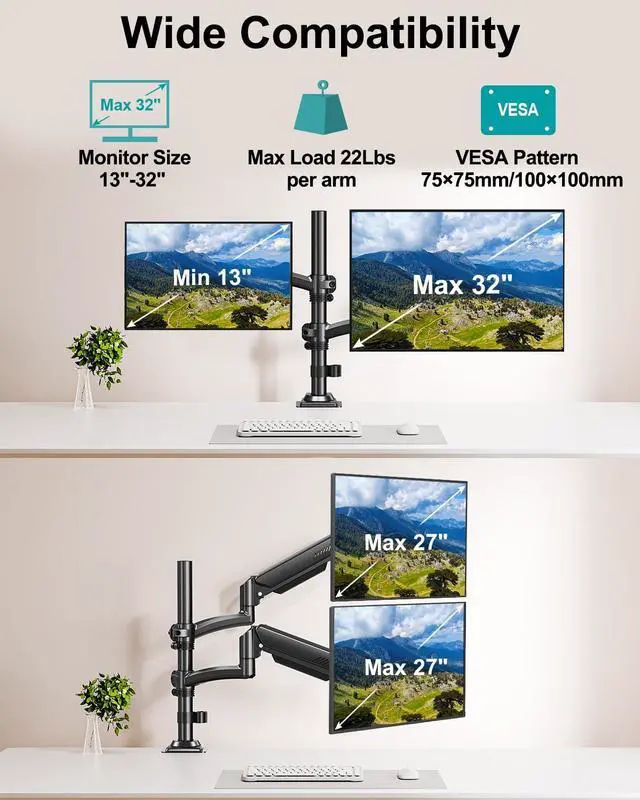 Alt view image 5 of 5 - Dual Monitor Stand for Desk, Taller Monitor Arms for 2 Screens up to 32 inch, Ergonomic Adjustable Gas Spring Double Computer Monitor Mount, Holds 4.4-22lbs, VESA 75/100mm, Black, Freelift