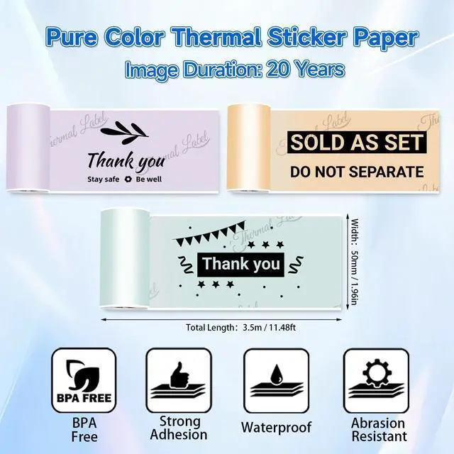 Alt view image 5 of 5 - NelkoGlobal Bluetooth Sticker Printer with 3 Rolls of 50mm*3.5m Mint Green/Lavender Purple/Light Orange Self-Adhesive Thermal Printer Paper
