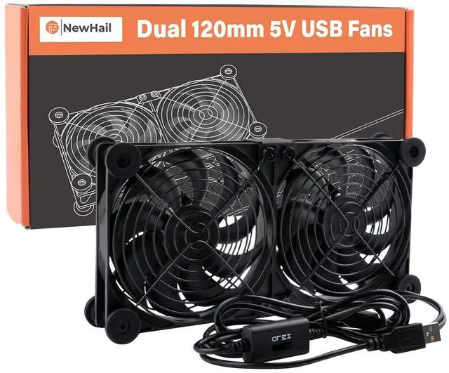 Main image of NewHail Quiet Dual 120mm Router Fan Cooler with L/M/H 3-Degree Speed Controller, DC 5V USB Powered Cooling Case Fan for Router Modem Receiver DVR PlayStation TV Box