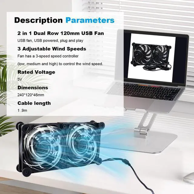 Alt view image 3 of 5 - NewHail Quiet Dual 120mm Router Fan Cooler with L/M/H 3-Degree Speed Controller, DC 5V USB Powered Cooling Case Fan for Router Modem Receiver DVR PlayStation TV Box