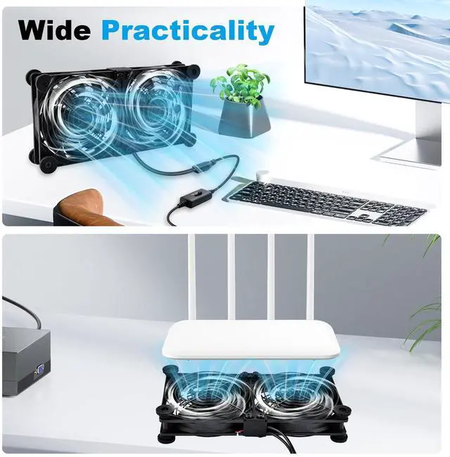 Alt view image 4 of 5 - NewHail Quiet Dual 120mm Router Fan Cooler with L/M/H 3-Degree Speed Controller, DC 5V USB Powered Cooling Case Fan for Router Modem Receiver DVR PlayStation TV Box
