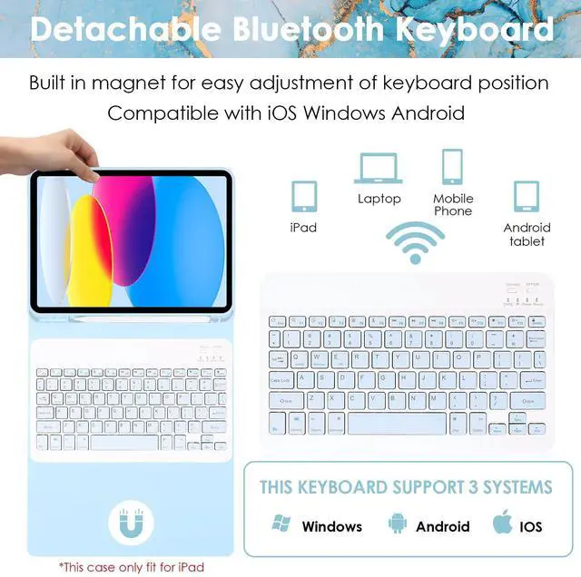 Alt view image 2 of 5 - Keyboard Case for iPad 10th Generation 10.9 inch 2022 & iPad 11th Generation 11 inch 2025, Detachable Tablet Case with Wireless Bluetooth Keyboard and Mouse for ipad 10th/11th Gen, Marble Blue