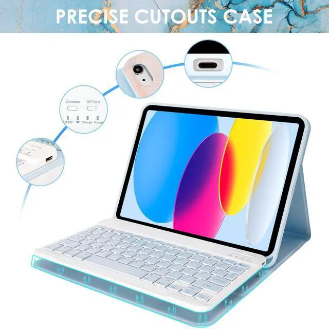 Alt view image 4 of 5 - Keyboard Case for iPad 10th Generation 10.9 inch 2022 & iPad 11th Generation 11 inch 2025, Detachable Tablet Case with Wireless Bluetooth Keyboard and Mouse for ipad 10th/11th Gen, Marble Blue