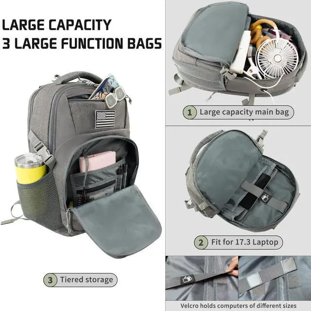 Alt view image 3 of 5 - Ogguno 15.6'' Travel Laptop Backpack for Men, 30L Tactical College Backpacks with Water Pouches Both Sides, Portable Backpack for Men Women Business Work Bag Fight Approved - Grey Backpack