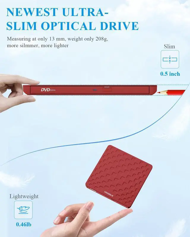 Alt view image 2 of 5 - ORIGBELIE External CD DVD Drive for Laptop, USB 3.0 Type-C Ultra Slim 13mm DVD Player Portable CD DVD +/-RW Drive CD Burner Reader Writer Recorder for Desktop PC Windows 11/10/8/7 Linux Mac OS (Red)