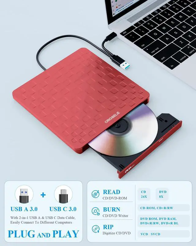 Alt view image 3 of 5 - ORIGBELIE External CD DVD Drive for Laptop, USB 3.0 Type-C Ultra Slim 13mm DVD Player Portable CD DVD +/-RW Drive CD Burner Reader Writer Recorder for Desktop PC Windows 11/10/8/7 Linux Mac OS (Red)