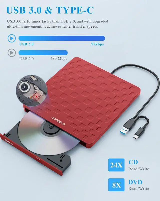 Alt view image 4 of 5 - ORIGBELIE External CD DVD Drive for Laptop, USB 3.0 Type-C Ultra Slim 13mm DVD Player Portable CD DVD +/-RW Drive CD Burner Reader Writer Recorder for Desktop PC Windows 11/10/8/7 Linux Mac OS (Red)