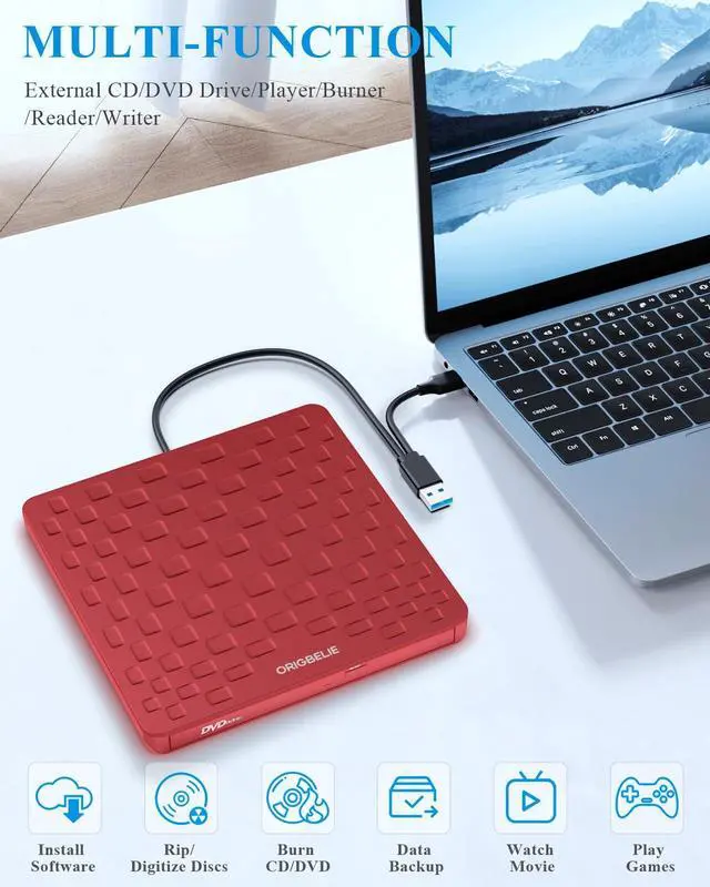 Alt view image 5 of 5 - ORIGBELIE External CD DVD Drive for Laptop, USB 3.0 Type-C Ultra Slim 13mm DVD Player Portable CD DVD +/-RW Drive CD Burner Reader Writer Recorder for Desktop PC Windows 11/10/8/7 Linux Mac OS (Red)
