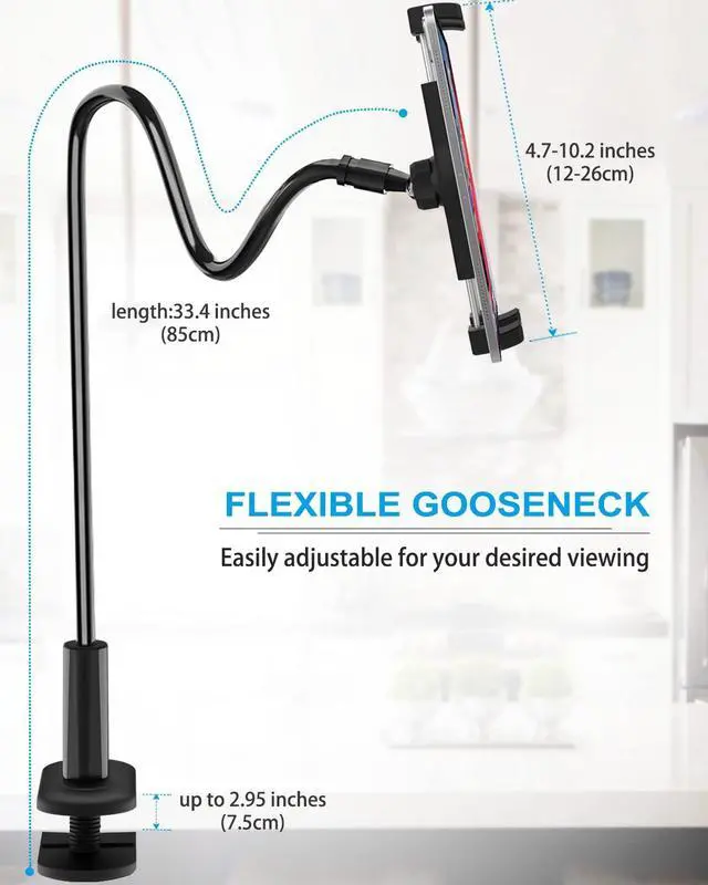 Alt view image 4 of 5 - Phichy Gooseneck Tablet Holder for 4.7"-13" Phone & iPad, Flexible Arm Tablet Bed Stand, Super Stable Clip Tablet Mount for Desk Compatible with iPad Pro/Air/Mini, Galaxy Tabs, iPhone, Tablets