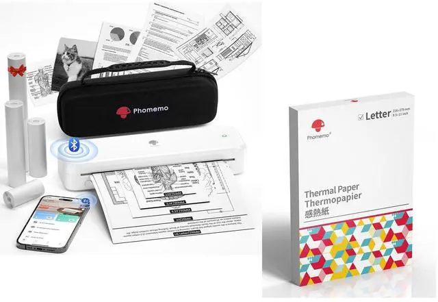 Main image of Phomemo M834 Bluetooth Thermal Printer with Carry Case & 200 Sheets US Letter Thermal Printer Paper 8.5" x 11"