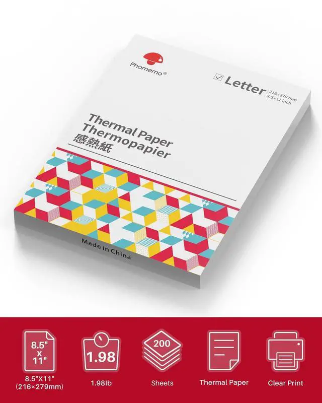 Alt view image 5 of 5 - Phomemo M834 Bluetooth Thermal Printer with Carry Case & 200 Sheets US Letter Thermal Printer Paper 8.5" x 11"