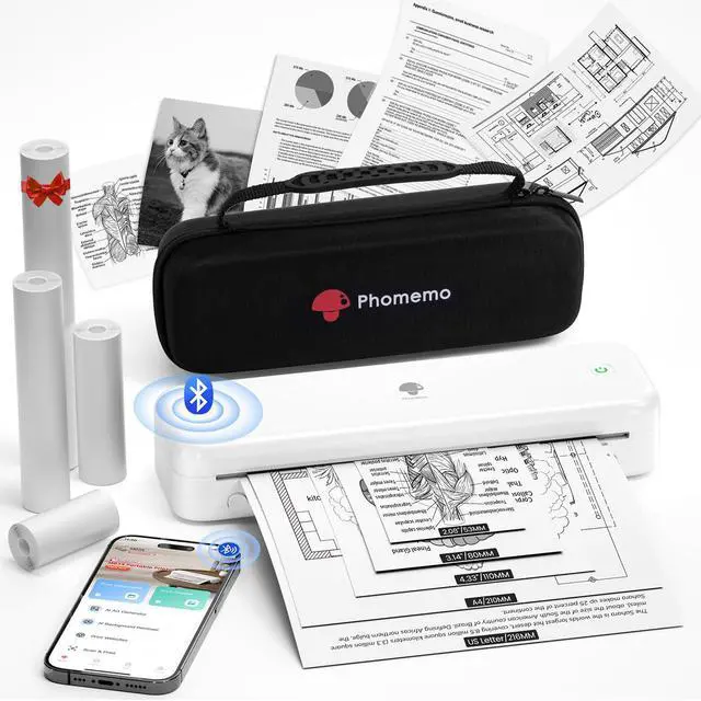 Alt view image 2 of 5 - Phomemo M834 Bluetooth Thermal Printer with Carry Case & 200 Sheets US Letter Thermal Printer Paper 8.5" x 11"