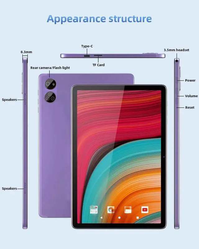 Alt view image 3 of 5 - JXCNSNW 10.1" Inch Android Tablet, 4G LTE Dual SIM, 8GB RAM 128GB Storage,Supports 1TB Micro Card, 1920 1200 Full HD IPS Touchscreen,Dual Camera, WiFi/WLAN/Bluetooth/GPS (Purple, 128 GB)
