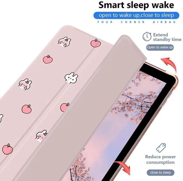Alt view image 3 of 5 - JOYLAND Cute Peach Bunny Case for 10.2 Inch iPad 9th/7th/8th Generation with Pencil Holder, Cartoon Printed for iPad 2021/2020/2019 Trifold Stand Cover Full Body Protection, Auto Wake/Sleep