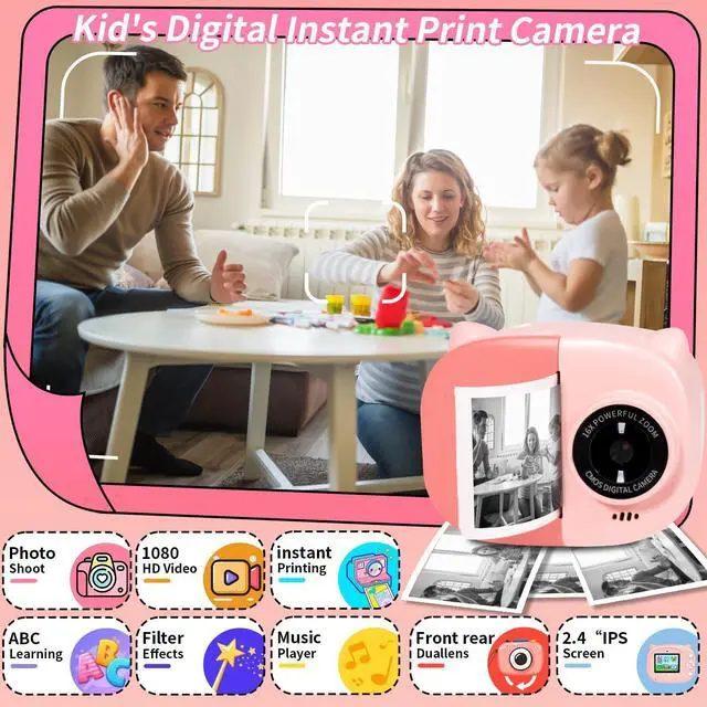 Alt view image 2 of 5 - Instant Print Camera Toy for Kids, Girls Birthday Gifts for 3 4 5 6 7 8 Year Old Learning Music Story Player, 1080P HD Dual-Lens Creative Instant Camera (Pink)