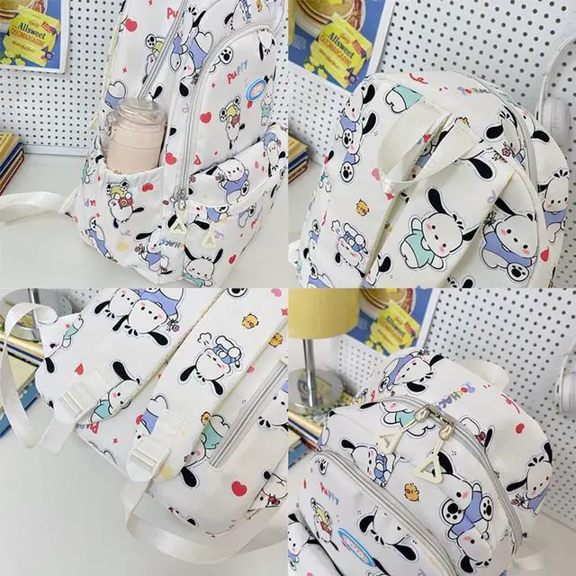 Alt view image 4 of 5 - Roffatide Cartoon Pochacco All Over Print Casual Backpack Laptop Backpack Bike Travel Hiking Rucksack Daypack White (With Cute Pendants)