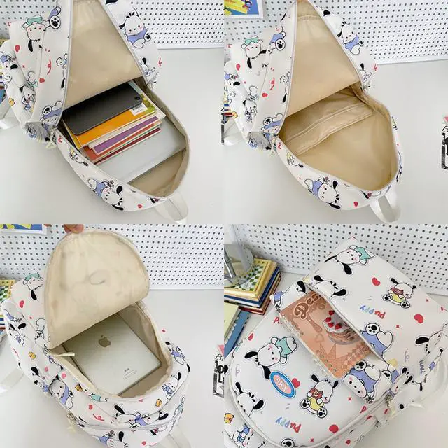 Alt view image 5 of 5 - Roffatide Cartoon Pochacco All Over Print Casual Backpack Laptop Backpack Bike Travel Hiking Rucksack Daypack White (With Cute Pendants)