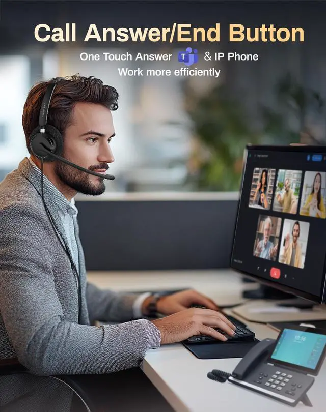 Alt view image 2 of 5 - Headset with Microphone for PC, USB Computer Headsets with Call Answer Button for MS Teams & IP Phones, Wired Headphone with Noise Reduction Microphone, Lightweight Desiqn for All-Day Comfort (Black)