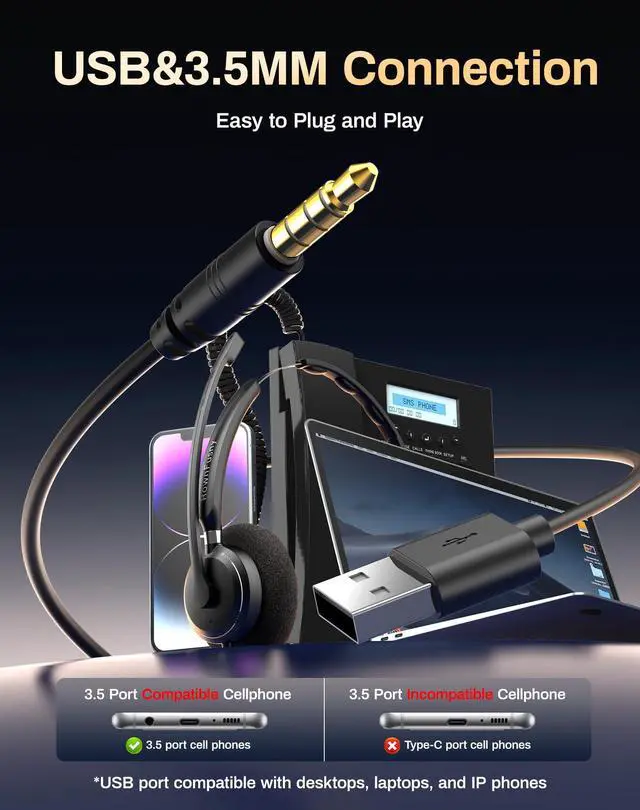 Alt view image 5 of 5 - Headset with Microphone for PC, USB Computer Headsets with Call Answer Button for MS Teams & IP Phones, Wired Headphone with Noise Reduction Microphone, Lightweight Desiqn for All-Day Comfort (Black)