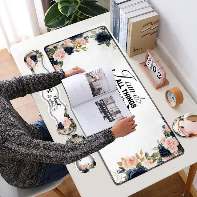 Alt view image 2 of 5 - 4 in 1 Mouse Pad Combo, Large Gaming Mouse Pad + Keyboard Wrist Support + Mouse Wrist Rest + Coaster, Table Pad with Stitched Edge Memory Foam Ergonomic Wrist Pad Set, Bible Phil 4-13 Floral