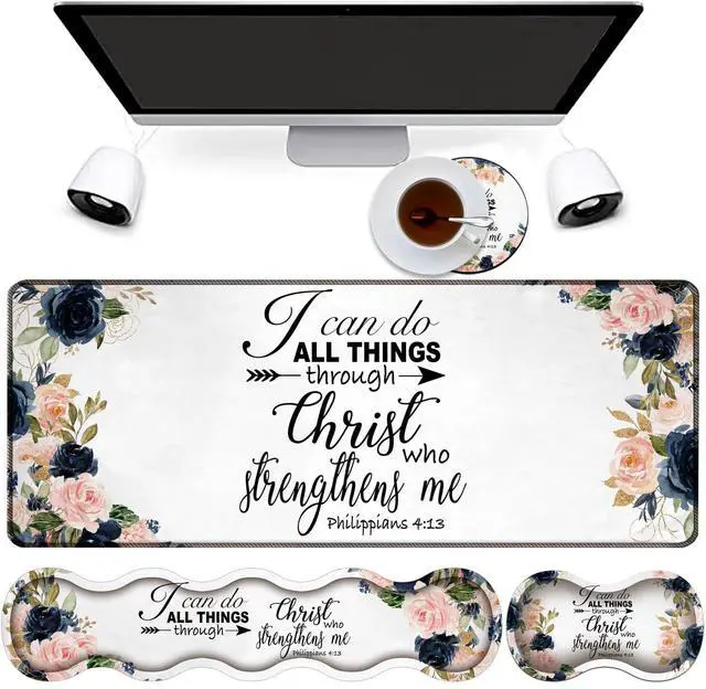 Main image of 4 in 1 Mouse Pad Combo, Large Gaming Mouse Pad + Keyboard Wrist Support + Mouse Wrist Rest + Coaster, Table Pad with Stitched Edge Memory Foam Ergonomic Wrist Pad Set, Bible Phil 4-13 Floral
