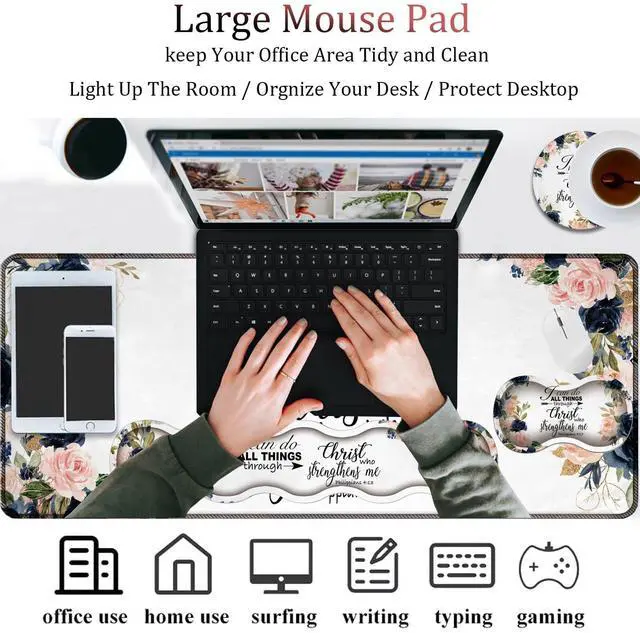 Alt view image 4 of 5 - 4 in 1 Mouse Pad Combo, Large Gaming Mouse Pad + Keyboard Wrist Support + Mouse Wrist Rest + Coaster, Table Pad with Stitched Edge Memory Foam Ergonomic Wrist Pad Set, Bible Phil 4-13 Floral