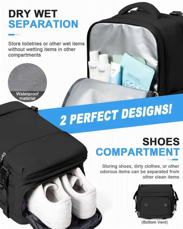 Alt view image 3 of 5 - Small Black Gym Backpack for Women Men, Waterproof Sports Backpack with Expandable Shoe Compartment, Lightweight Travel Backpack Dance Backpack Casual Daypack Gym Bag