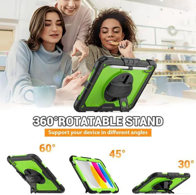 Alt view image 4 of 5 - SEYMAC Case for iPad (A16) 11th/10th Generation 2025/2022 (11''/10.9''), Sturdy Heavy Duty Full-Body Shockproof Protective Case with Screen Protector, Rotating Stand, Hand/Shoulder Strap, Black/Green